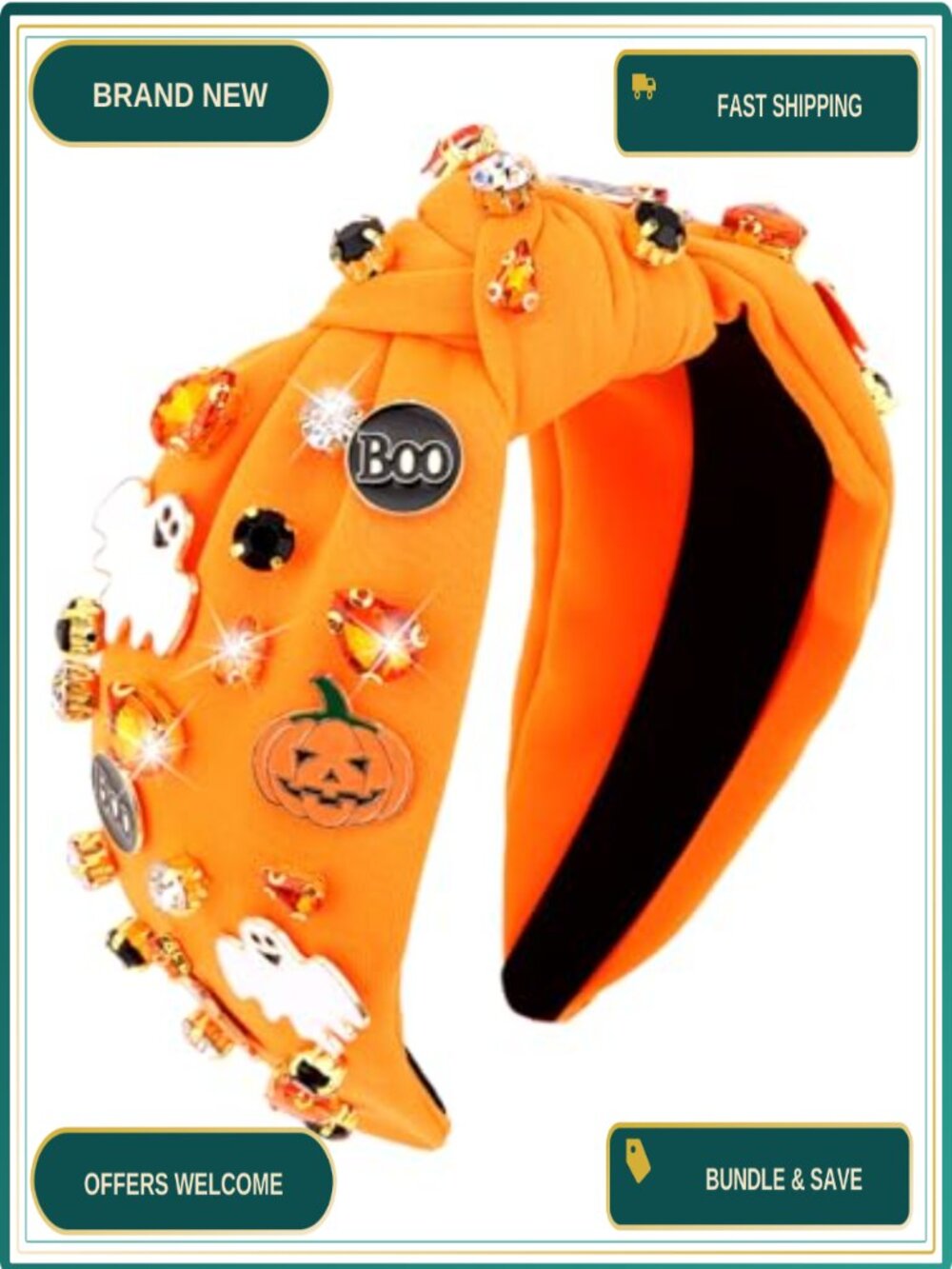 Halloween Pumpkin Ghost BOO Rhinestone Knotted Headband